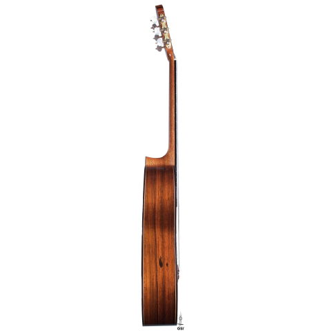 The side of a 2017 Ennio Giovanetti classical guitar made with spruce top and CSA rosewood back and sides