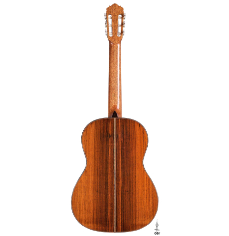 The back of a 2017 Ennio Giovanetti classical guitar made with spruce top and CSA rosewood back and sides