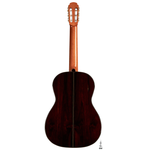 This is the back of a 1994 Gioachino Giussani SP/CSAR classical guitar, ex Angel Romero on a white background