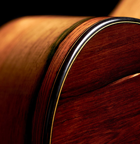 This is a close-up of the CSA rosewood back and sides of a 1994 Gioachino Giussani SP/CSAR classical guitar, ex Angel Romero