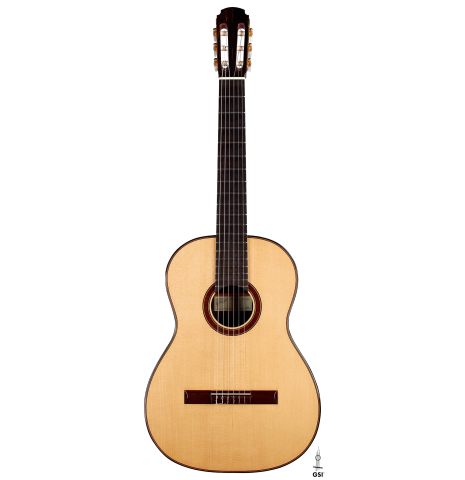 This is the front of a 1994 Gioachino Giussani SP/CSAR classical guitar, ex Angel Romero on a white background