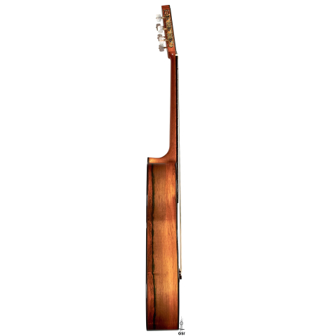 This is the side of a 1994 Gioachino Giussani SP/CSAR classical guitar, ex Angel Romero on a white background