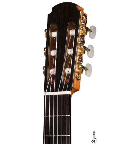 This is the headstock of a 1994 Gioachino Giussani SP/MP classical guitar, ex Angel Romero on a white background