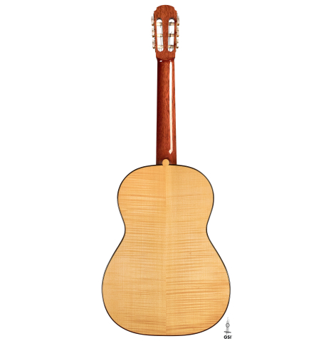 The back of a 1991 Gioachino Giussani classical guitar made of spruce and maple.
