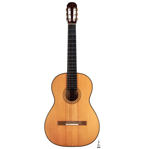 The front of a 1991 Gioachino Giussani classical guitar made of spruce and maple.