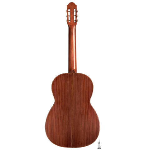 The back of a 1900's Casa Gonzalez classical guitar made of spruce and CSA rosewood