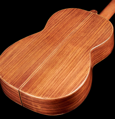 The back of a 1900's Casa Gonzalez classical guitar made of spruce and CSA rosewood