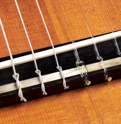 The bridge and saddle of a 1900's Casa Gonzalez classical guitar made of spruce and CSA rosewood