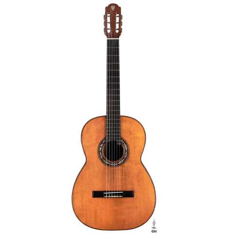 The front of a 1900's Casa Gonzalez classical guitar made of spruce and CSA rosewood