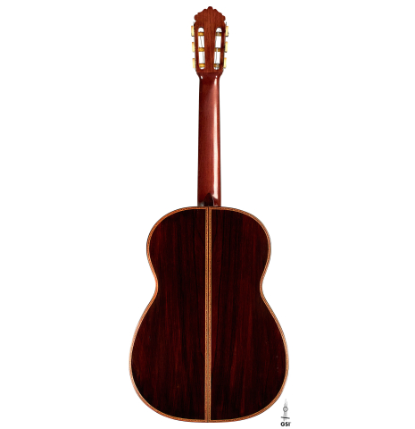 The back of a 1947 Diego y Gracia classical guitar made of spruce and CSA rosewood