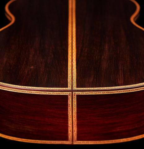The back of a 1947 Diego y Gracia classical guitar made of spruce and CSA rosewood