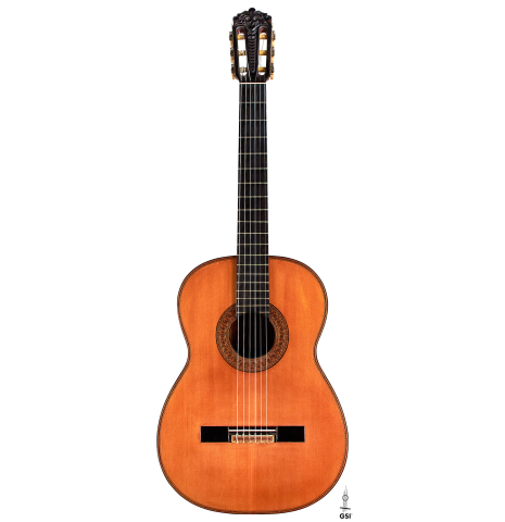 The front of a 1947 Diego y Gracia classical guitar made of spruce and CSA rosewood