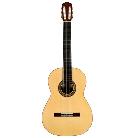 The front of a 2025 Mario Grimaldi "1920 Santos" classical guitar made of spruce and African rosewood