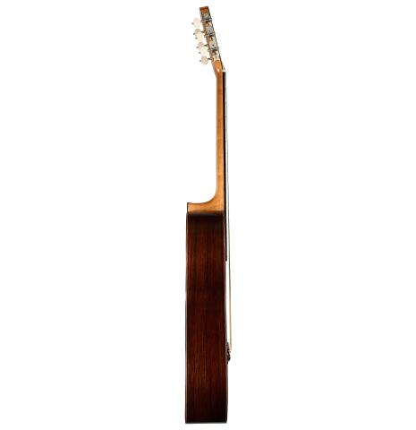 The side of a 2025 Mario Grimaldi "1920 Santos" classical guitar made of spruce and African rosewood