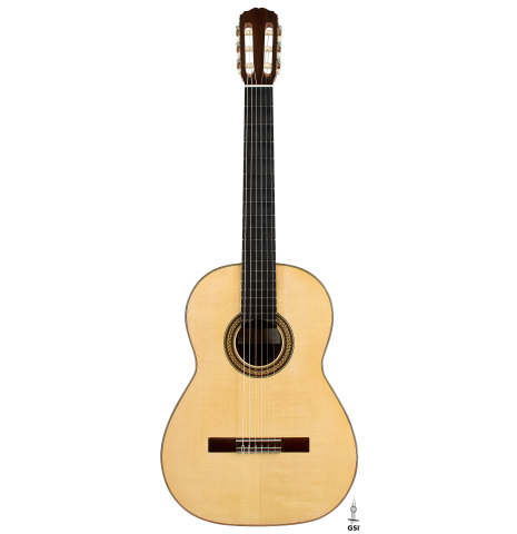 The front of a 2026 Mario Grimaldi "1920 Santos" classical guitar made of spruce and African rosewood