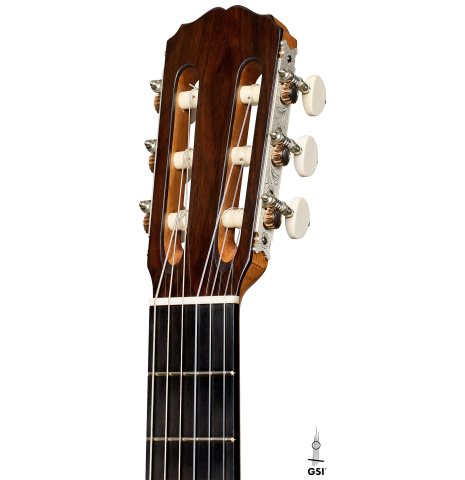 The headstock of a 2026 Mario Grimaldi "1920 Santos" classical guitar made of spruce and African rosewood