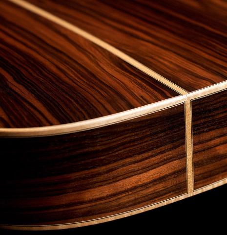 The back and sides of a 2019 Mario Gropp "Weissgerber" made of spruce and exotic ebony