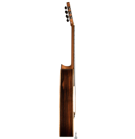 The side of a 2019 Mario Gropp "Weissgerber" made of spruce and exotic ebony