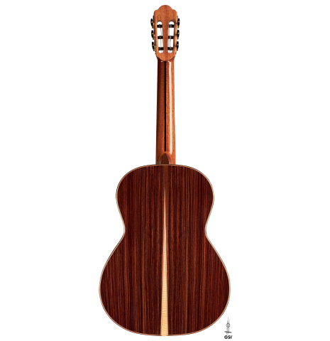 The back of a 2021 Yulong Guo &quot;Chamber Concert&quot; classical guitar made with spruce top and Indian rosewood back and sides.
