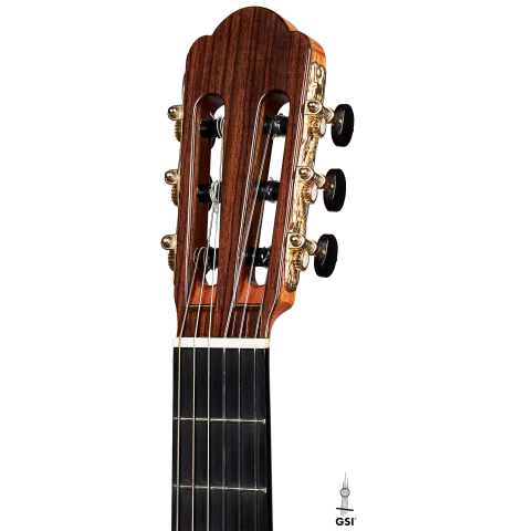 The headstock of a 2021 Yulong Guo &quot;Chamber Concert&quot; classical guitar made with spruce top and Indian rosewood back and sides.