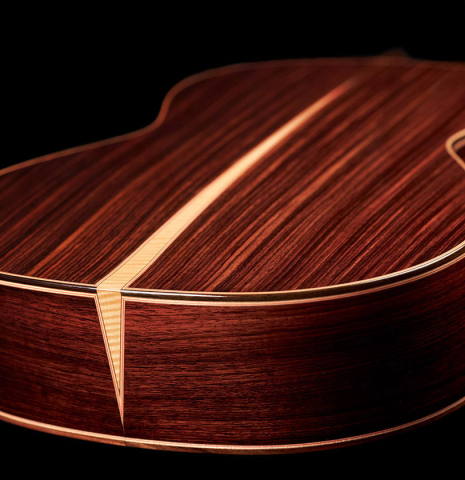 The back of a 2021 Yulong Guo &quot;Chamber Concert&quot; classical guitar made with spruce top and Indian rosewood back and sides.