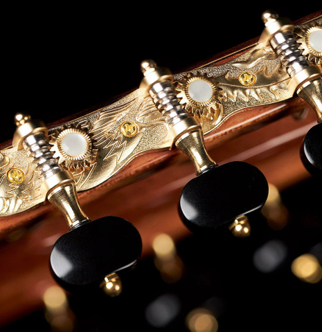 The machine heads of a 2021 Yulong Guo &quot;Chamber Concert&quot; classical guitar made with spruce top and Indian rosewood back and sides.