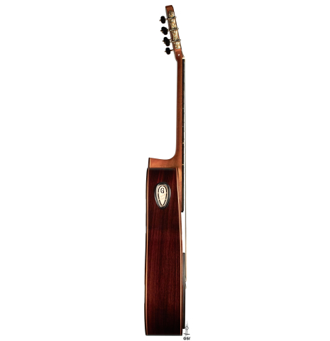 The side of a 2021 Yulong Guo &quot;Chamber Concert&quot; classical guitar made with spruce top and Indian rosewood back and sides.
