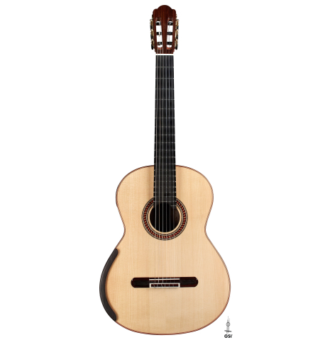The front of a 2021 Yulong Guo &quot;Chamber Concert&quot; classical guitar made with spruce top and Indian rosewood back and sides.