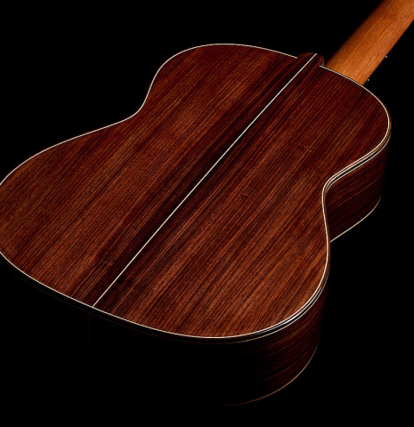 The back and sides of a 2025 Yulong Guo "Torres SE 124" classical guitar made of spruce and Indian rosewood