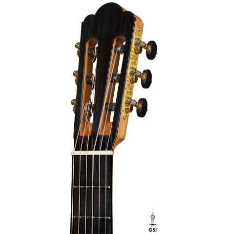 The headstock of a 2025 Yulong Guo "Torres SE 124" classical guitar made of spruce and cypress
