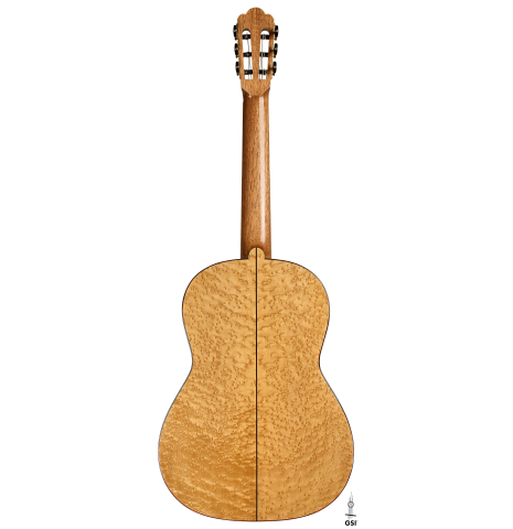 The back of a 2025 Yulong Guo "Torres SE 124" classical guitar made of spruce and maple