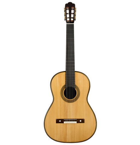 The front of a 2025 Yulong Guo "Torres SE 124" classical guitar made of spruce and maple