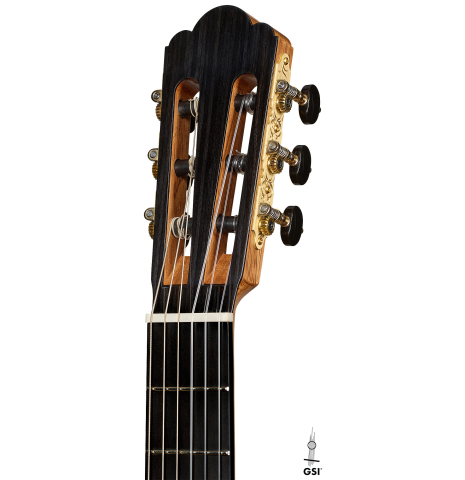 The headstock of a 2025 Yulong Guo "Torres SE 124" classical guitar made of spruce and maple