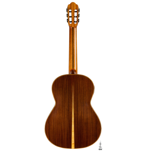 The back of a 2018 Yulong Guo "Chamber Concert" classical guitar made of spruce and Indian rosewood