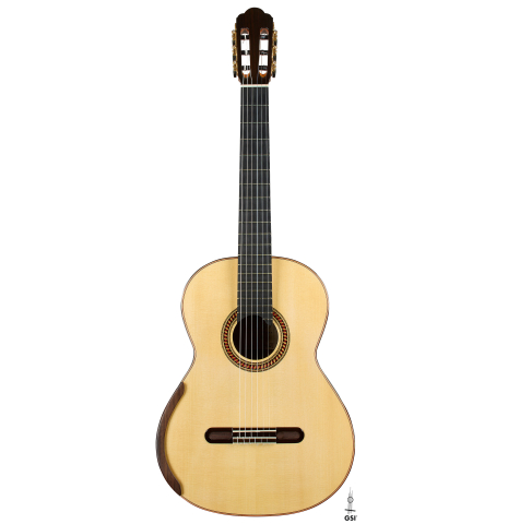 The front of a 2018 Yulong Guo "Chamber Concert" classical guitar made of spruce and Indian rosewood