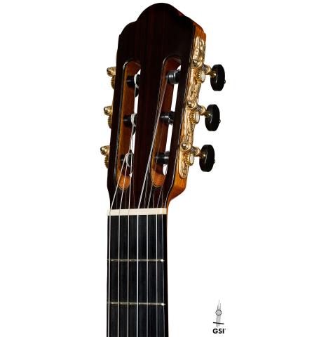 The headstock of a 2018 Yulong Guo "Chamber Concert" classical guitar made of spruce and Indian rosewood