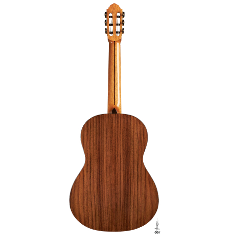 The back of a 2023 Miguel Angel Gutierrez classical guitar made of spruce and Indian rosewood.