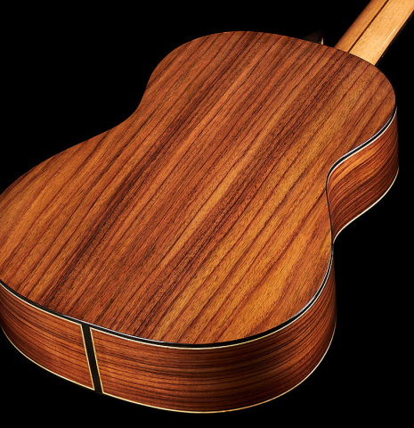 The back and sides of a 2023 Miguel Angel Gutierrez classical guitar made of spruce and Indian rosewood.