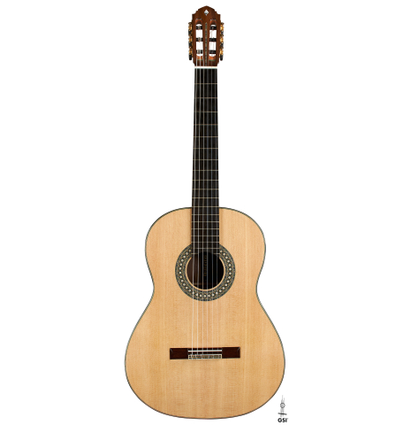 The front of a 2023 Miguel Angel Gutierrez classical guitar made of spruce and Indian rosewood.