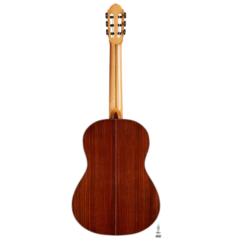 The back of a 2024 Miguel Angel Gutierrez classical guitar made of spruce and Indian rosewood.