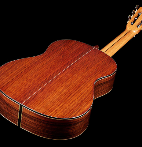 The back and sides of a 2024 Miguel Angel Gutierrez classical guitar made of spruce and Indian rosewood.