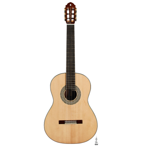 The front of a 2024 Miguel Angel Gutierrez classical guitar made of spruce and Indian rosewood.