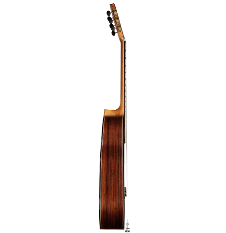 The side of a 2024 Miguel Angel Gutierrez classical guitar made of spruce and Indian rosewood.