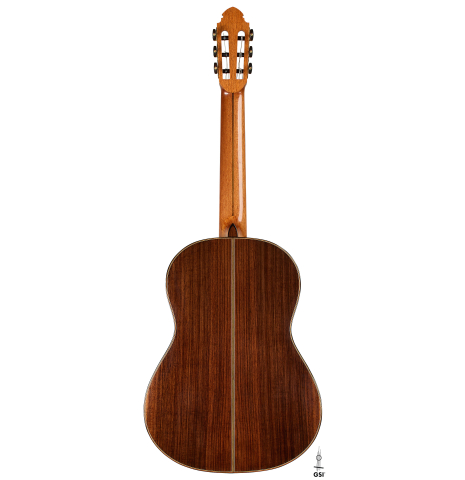 The back of a 2026 Miguel Angel Gutiérrez classical guitar made of spruce and Indian rosewood