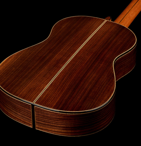 The back and sides of a 2026 Miguel Angel Gutiérrez classical guitar made of spruce and Indian rosewood