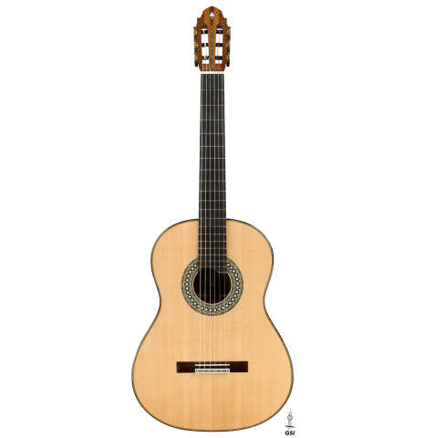 The front of a 2026 Miguel Angel Gutiérrez classical guitar made of spruce and Indian rosewood