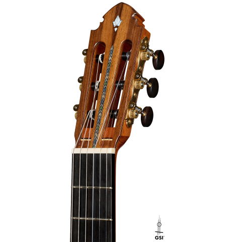 The headstock of a 2026 Miguel Angel Gutiérrez classical guitar made of spruce and Indian rosewood