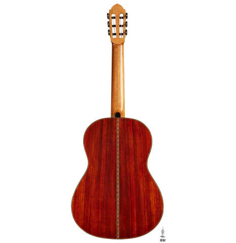 The back of a 2025 Miguel Angel Gutierrez "REG 2025" classical guitar made of cedar and padauk