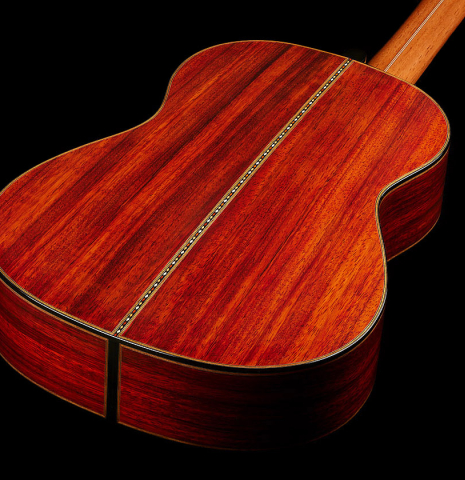 The back and sides of a 2025 Miguel Angel Gutierrez "REG 2025" classical guitar made of cedar and padauk