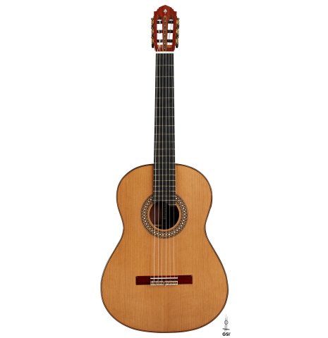 The front of a 2025 Miguel Angel Gutierrez "REG 2025" classical guitar made of cedar and padauk